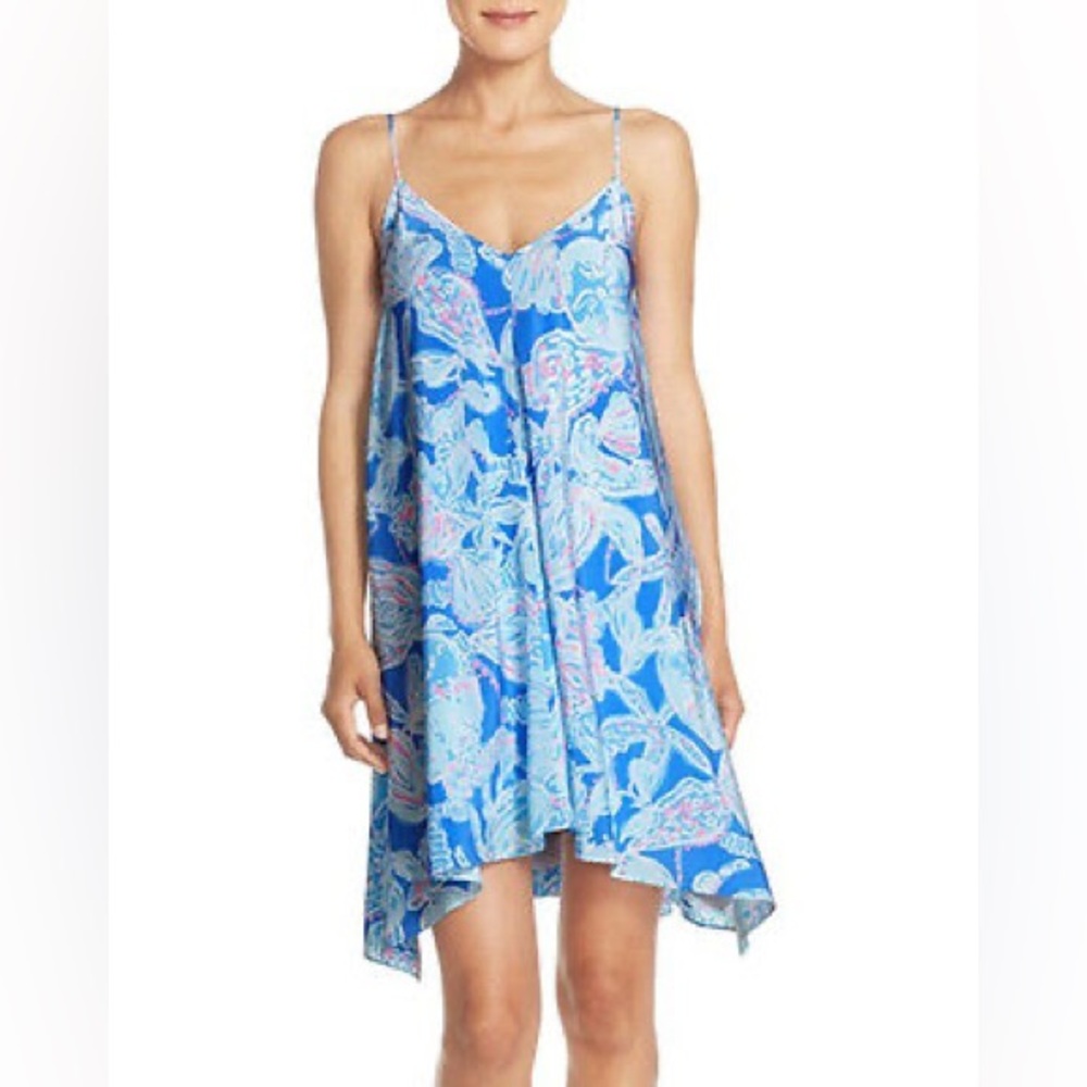 Lilly Pulitzer CLARA 100% Silk DRESS Bay Blue Into The Deep in medium